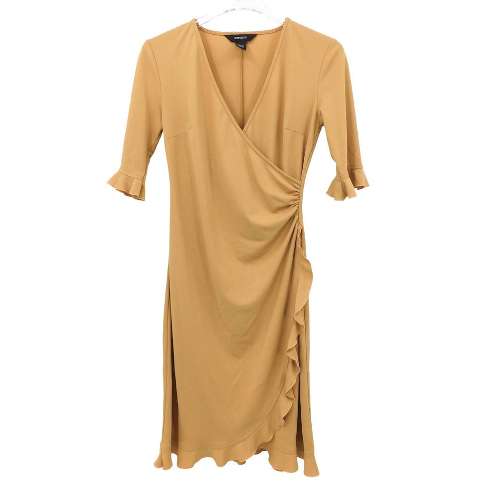 Vintage Express‎ Womens Faux Wrap Ruffle Hem Dress Tan Size 5/6 Elbow Sleeve Y2K